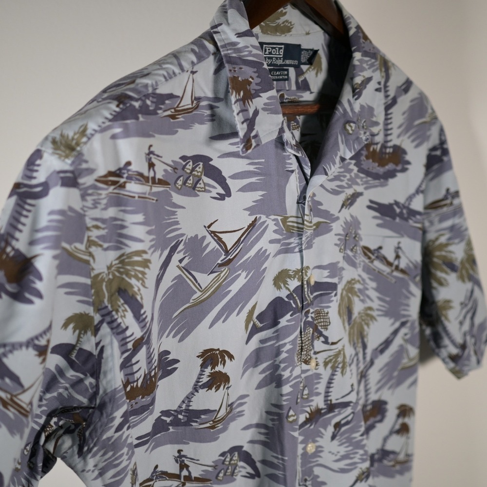 Vintage Polo Ralph Lauren Clayton Mens L Loop collar Blue Hawaiian Cotton Shirt